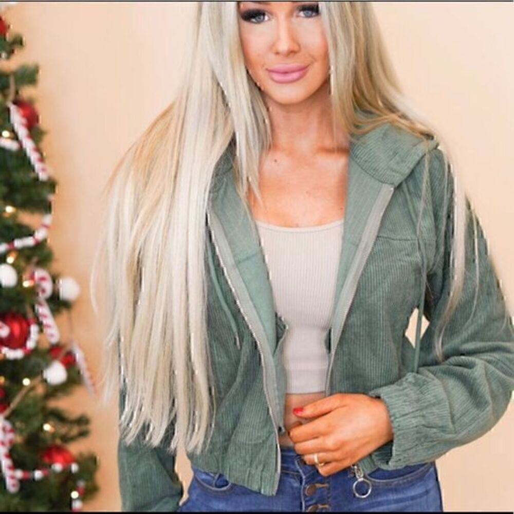 MADE With Love Olive Green Corduroy Cropped Hoodie Jacket